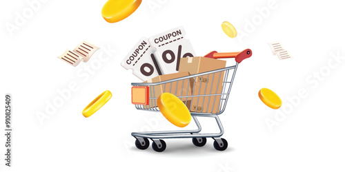 Coupon up to 50% off black rips floating in air with coin. all on blue background.gift voucher 50% discount on shopping.summer offer ends weekend holiday.Big sale and super sale coupon code discount