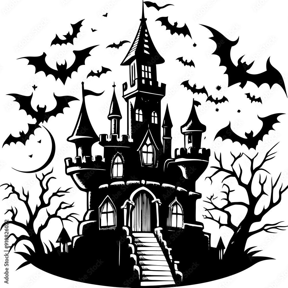 Spooky Castle with Bats Halloween vector Spooky Castle with Bats Halloween vector