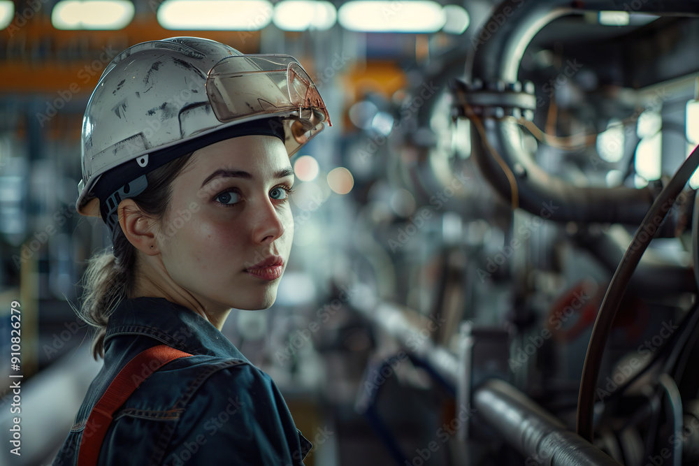 A woman wearing a hard hat. A woman wearing a hard hat.