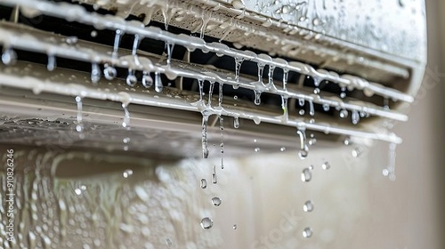 Neglected air conditioning unit showing water droplets on the grille, highlighting severe indoor air quality issues and maintenance neglect.emphasizing potential health risks and structural damage photo