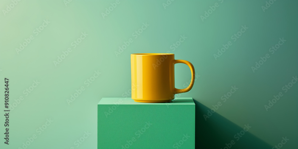Fototapeta premium Minimalist Yellow Coffee Mug on Green Pedestal Against Modern Pastel Background