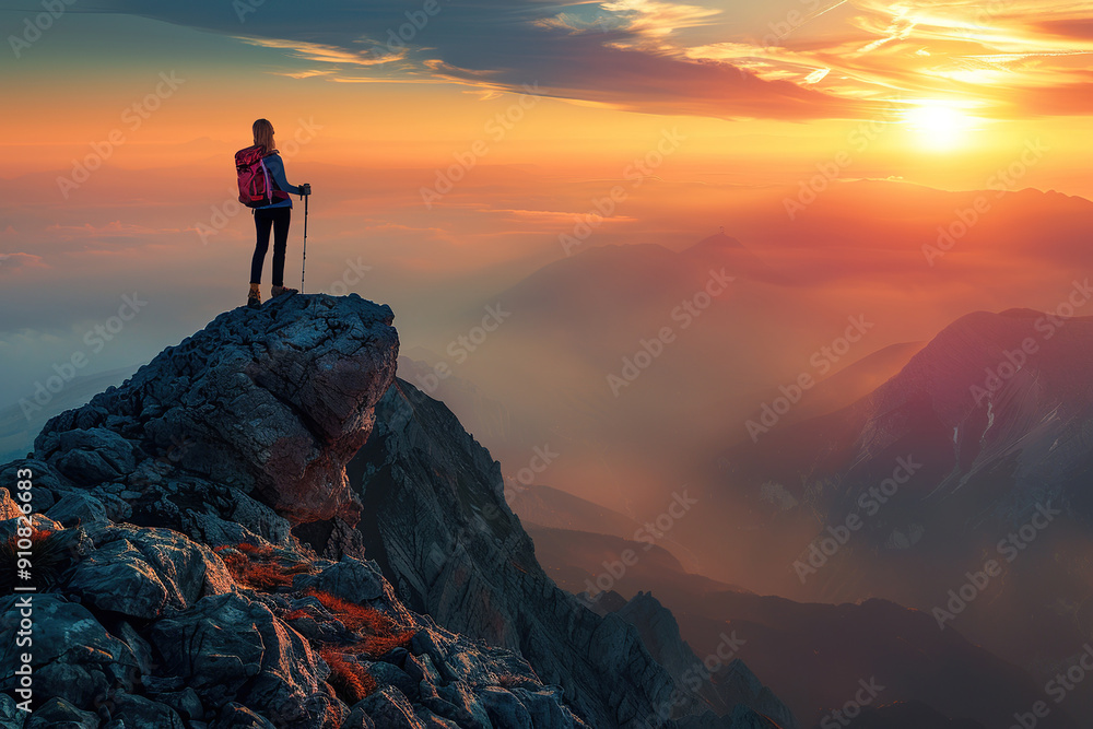 A person is standing on a mountain top with a backpack. A person is standing on a mountain top with a backpack.