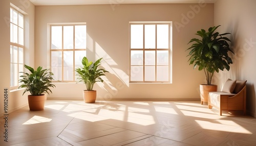 Modern beige Interior with geometrical sunlight viewv with shadows and natural decor along empty wall mockup theme photo