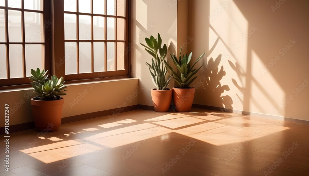 Fototapeta premium Modern beige Interior with geometrical sunlight viewv with shadows and natural decor along empty wall mockup theme