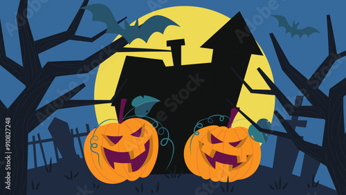 A Halloween celebration background featuring a haunted house, desolate cemetery, and pumpkin