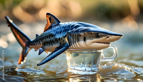 An image of a hand-held glass with a blue shark model in the cup with a fuzzy and natural background. photo