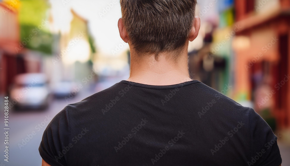 Fototapeta premium Homme de dos portant un t-shirt noir dans une rue ensoleillée, modèle de maquette d'un garçon hipster pour l'impression de conception