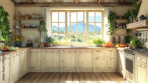 Rustic Country Kitchen with Mountain View