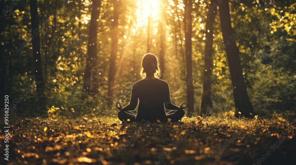 Woman Meditating in a Forest with Sunbeams Woman Meditating in a Forest with Sunbeams