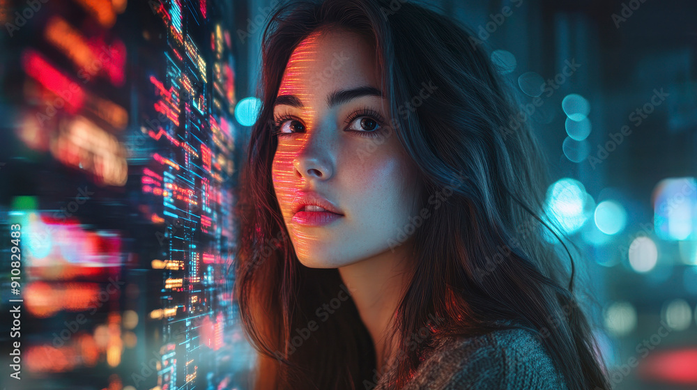 A young woman analyzing data on digital screens, representing technology and analytical thinking. A young woman analyzing data on digital screens, representing technology and analytical thinking.