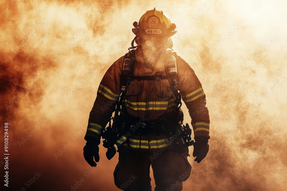 Fototapeta premium Modern full body image of a firefighter bravely battling a blaze
