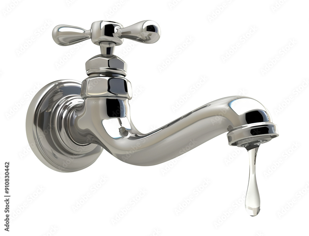 Shiny chrome faucet with dripping water, cut out