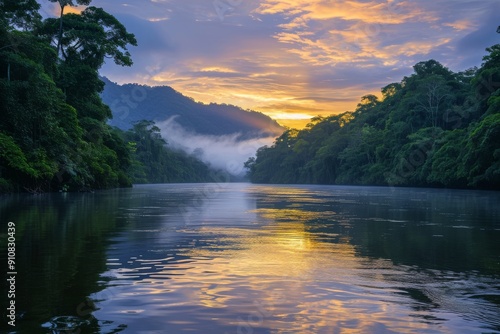 A serene body of water nestled among a dense forest of trees, with clouds hovering overhead, Serene sout America rainforest river at dawn, AI Generated photo