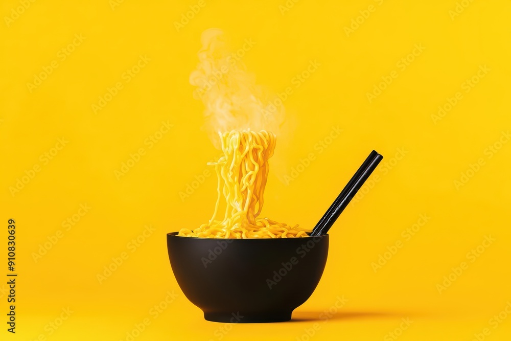 Paper art ramen bowl, with steaming broth and noodles splashing out, empty space surrounds this explosion of flavor Paper art ramen bowl, with steaming broth and noodles splashing out, empty space surrounds this explosion of flavor