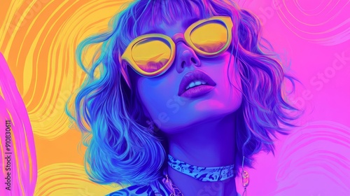 Close Up Young influencer Beautiful Brunette Woman Face Character. pink, blue and yellow vibrant neon colors Illustration Digital. Generative ai