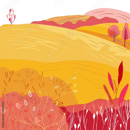 Autumn hills with red bushes and flowers in folk style. Harvest time. Square poster postcard. Hand drawn. Flat vector