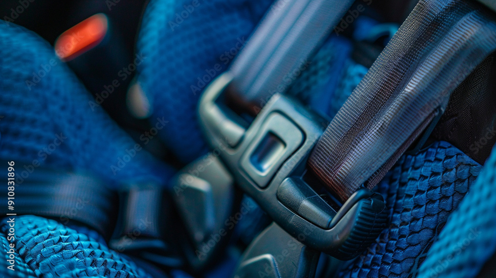 Close-up of a child's car seat with detailed straps and fabric, symbolizing child safety Close-up of a child's car seat with detailed straps and fabric, symbolizing child safety