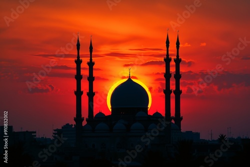 Wallpaper Mural The setting sun casts a warm glow on a large building, creating a dramatic silhouette against the evening sky, Silhouetted mosque against a vibrant sunset, AI Generated Torontodigital.ca