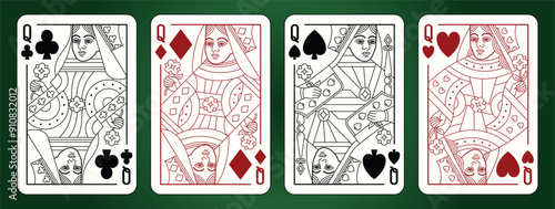 Queen playing cards set. Editable stroke. Spades Hearts Diamonds and Clubs suits. 
Vector illustration.