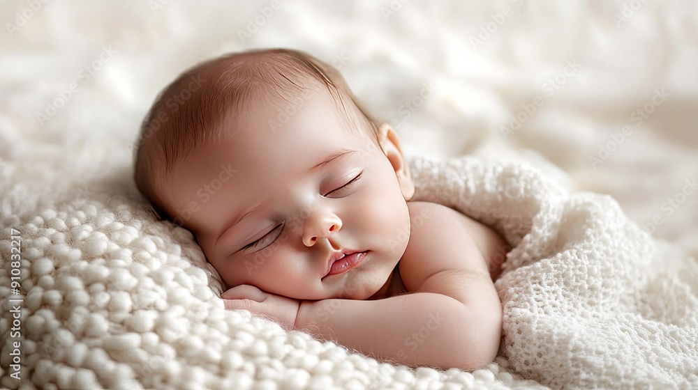 Close-up of a peaceful newborn baby girl sleeping on a blanket. Ideal for showcasing baby care with a white backdrop. Close-up of a peaceful newborn baby girl sleeping on a blanket. Ideal for showcasing baby care with a white backdrop.