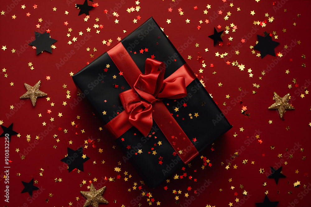 Elegant Black Wrapped Gift with Red Ribbon and Star Confetti, Perfect for Festive Celebrations and Special Occasions Elegant Black Wrapped Gift with Red Ribbon and Star Confetti, Perfect for Festive Celebrations and Special Occasions
