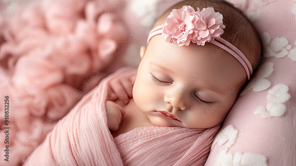 Close-up of a sleeping baby girl in a pink flower headband and swaddle, on a soft mattress with a pink and white background. Close-up of a sleeping baby girl in a pink flower headband and swaddle, on a soft mattress with a pink and white background.