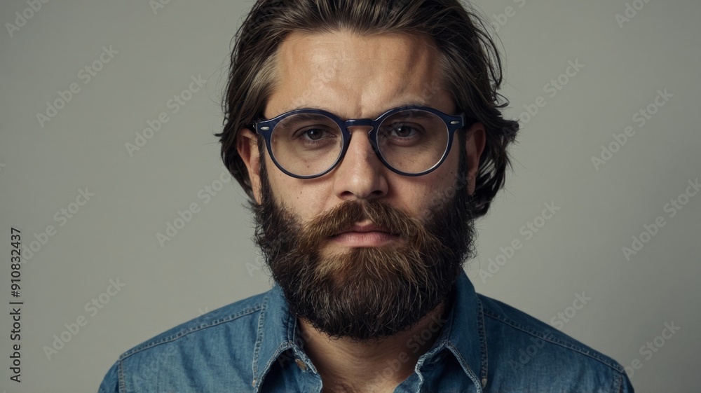 Obraz premium Bearded man in denim shirt and round glasses