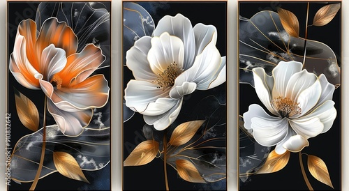 Bold Orange and White Floral Triptych photo