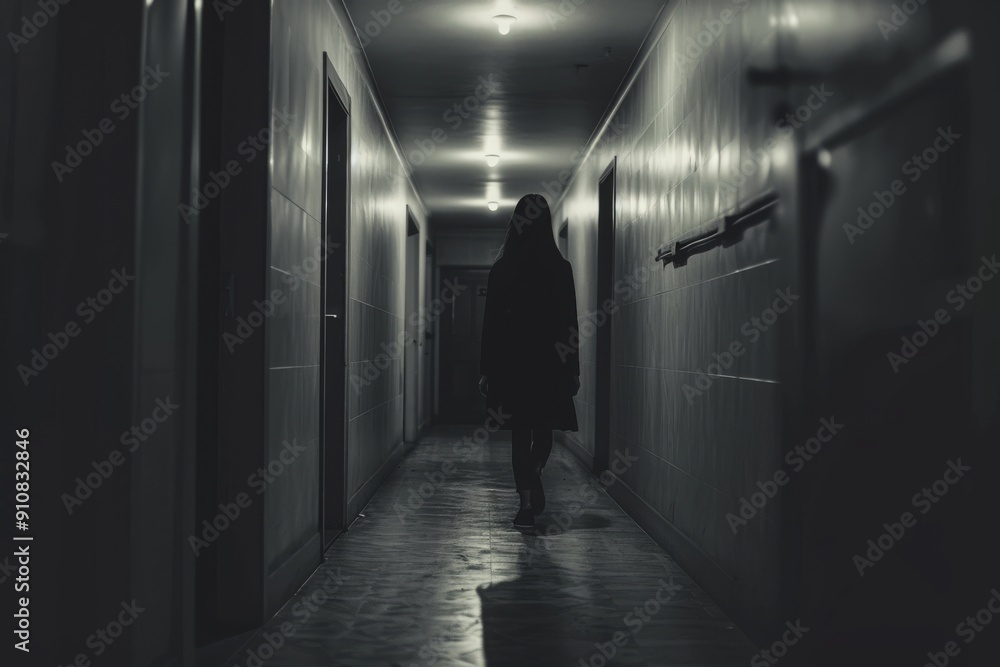 A person is seen walking down a dimly lit hallway in a room with minimal lighting, Sinister shadowy figure standing at the end of a hallway, AI Generated A person is seen walking down a dimly lit hallway in a room with minimal lighting, Sinister shadowy figure standing at the end of a hallway, AI Generated