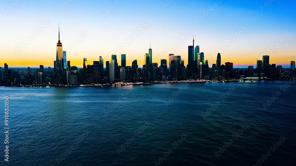 The city skyline is illuminated at sunset, reflecting light on the water, creating a picturesque urban landscape The city skyline is illuminated at sunset, reflecting light on the water, creating a picturesque urban landscape