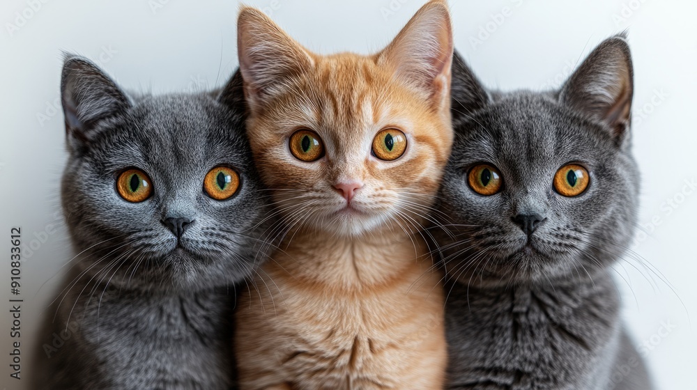 Three cats stacked on top of each other with cute cat faces. A grey English short-haired blue-dot cat with yellow eyes and orange stripes at the base of its face. Three cats stacked on top of each other with cute cat faces. A grey English short-haired blue-dot cat with yellow eyes and orange stripes at the base of its face.