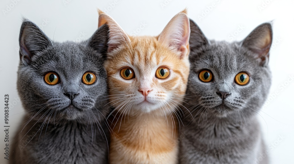 Three cats stacked on top of each other with cute cat faces. A grey English short-haired blue-dot cat with yellow eyes and orange stripes at the base of its face. Three cats stacked on top of each other with cute cat faces. A grey English short-haired blue-dot cat with yellow eyes and orange stripes at the base of its face.