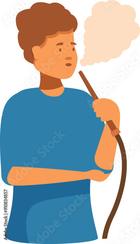 Young man is holding a traditional hookah pipe, taking a drag and exhaling a plume of smoke