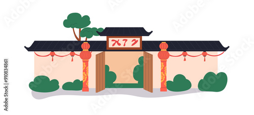Chinese building with gate, door. Oriental architecture, open doorway and Asian decoration, lanterns. China town wall, entrance. Chinatown facade. Flat vector illustration isolated on white background