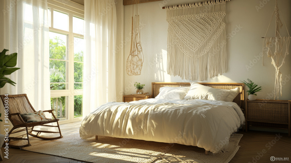 Fototapeta premium A beautiful bedroom with plenty of light, a comfy bed, and a stylish macrame wall hanging.