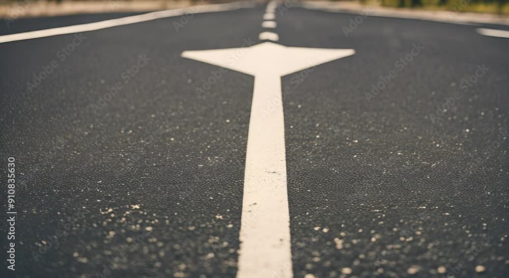 Low Angle View of White Arrow on Asphalt Road Indicating a Goal Low Angle View of White Arrow on Asphalt Road Indicating a Goal