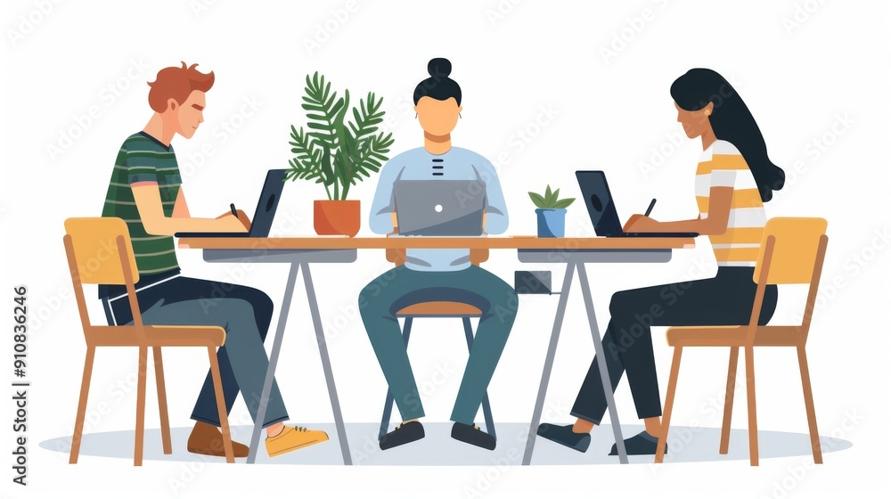 Three People Working at a Table with Laptops Three People Working at a Table with Laptops