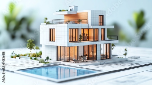 Modern architectural model of a luxurious house with a swimming pool and landscaped garden, showcasing contemporary design elements.