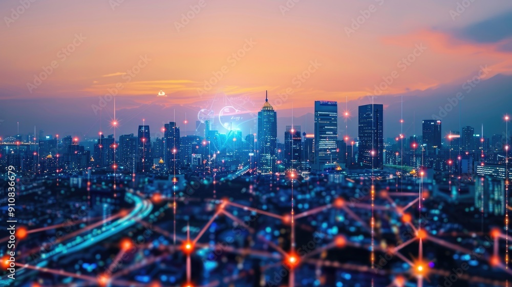 Fototapeta premium IoT networks optimizing urban infrastructure, selective focus, smart city solutions, vibrant, overlay, urban skyline backdrop