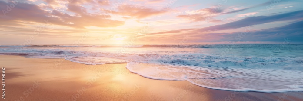 Fototapeta premium A peaceful beach scene during sunrise with soft waves gently caressing the shore, creating a calming and picturesque moment.