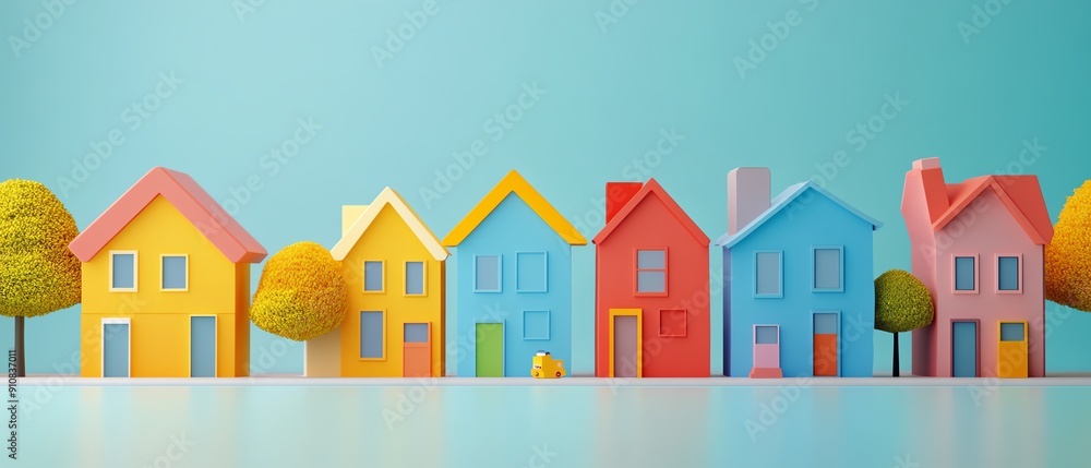 Colorful miniature houses with trees on a bright background, perfect for representing home, community, and creativity. Colorful miniature houses with trees on a bright background, perfect for representing home, community, and creativity.