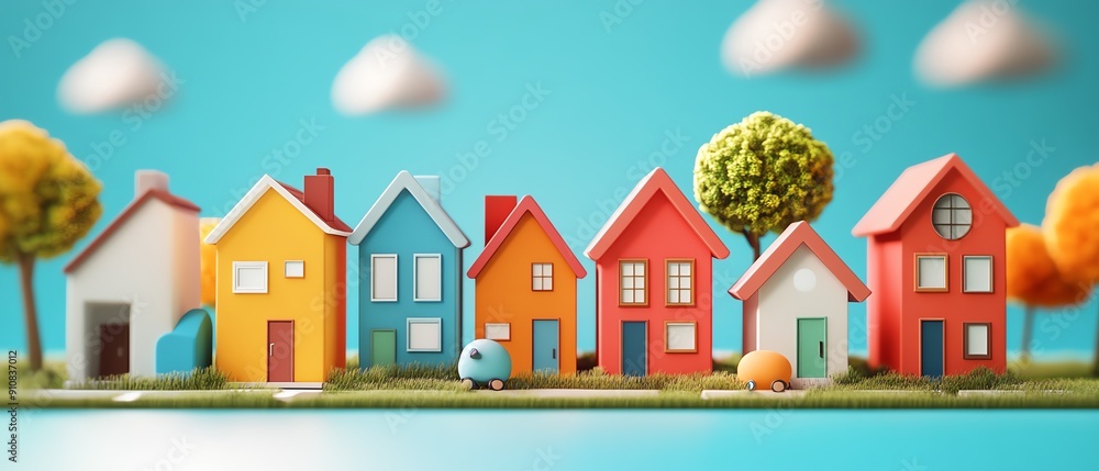 Colorful miniature houses lined up against a bright blue sky, showcasing creativity and charm in a whimsical neighborhood scene. Colorful miniature houses lined up against a bright blue sky, showcasing creativity and charm in a whimsical neighborhood scene.