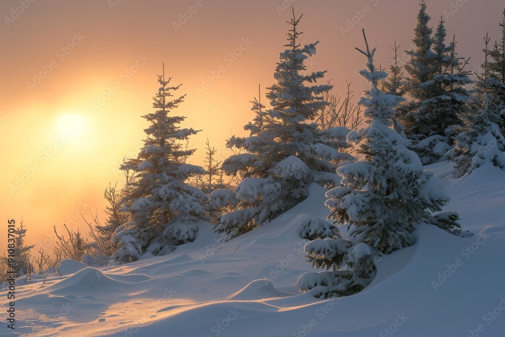The sun dips below the horizon, casting a warm glow over a majestic snow-capped mountain, Snow-draped evergreens at sunrise, AI Generated The sun dips below the horizon, casting a warm glow over a majestic snow-capped mountain, Snow-draped evergreens at sunrise, AI Generated