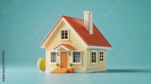 Wallpaper Mural A charming miniature house model with a red roof, yellow walls, and a welcoming porch, perfect for home-themed projects. Torontodigital.ca