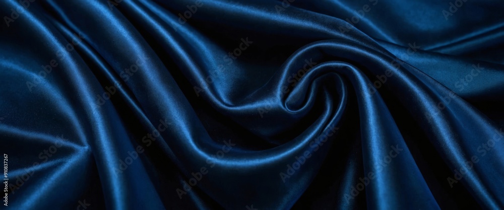 Fototapeta premium Beautiful dark blue silk satin background with soft folds on shiny fabric, luxury background with space for design, web banner, flat lay, top view.