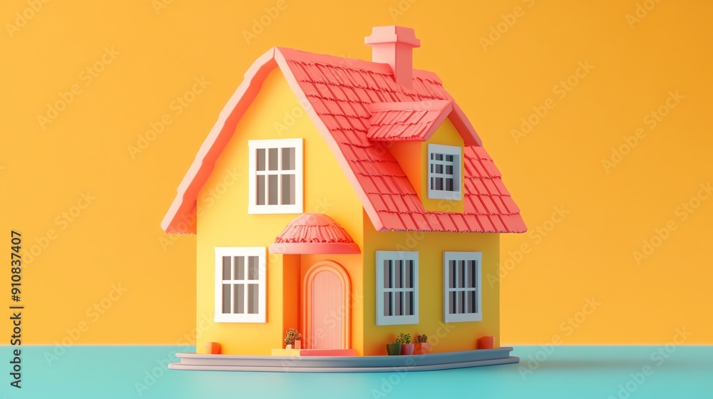 Brightly colored toy house with pink roof and yellow walls, perfect for playful home concepts and children's decor. Brightly colored toy house with pink roof and yellow walls, perfect for playful home concepts and children's decor.
