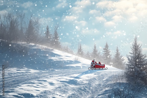 A person wearing winter clothing rides a sled down a snow-covered slope, creating a trail behind them, Snowy hill with a single sleigh on top, AI Generated