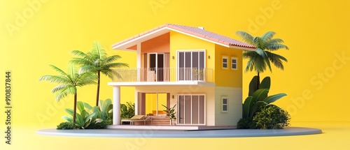 Charming yellow house surrounded by palm trees and vibrant greenery, perfect for summer vibes and tropical aesthetics.
