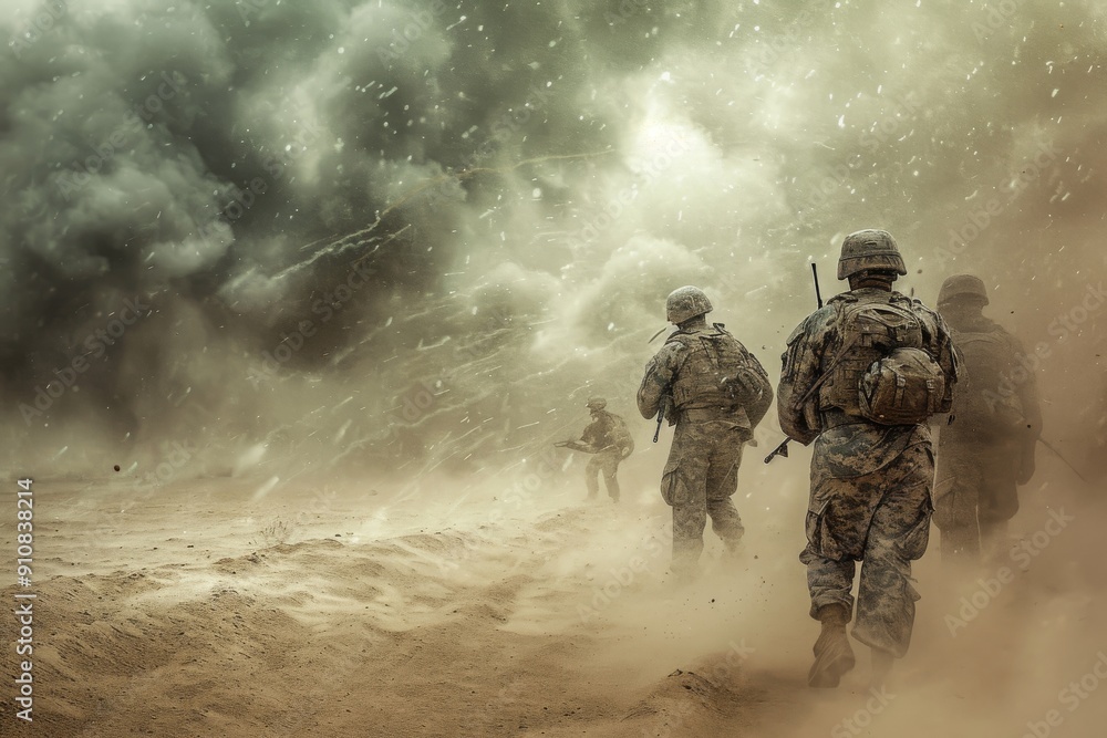 A group of soldiers, dressed in military uniforms, walking together through a barren desert landscape, Soldiers in a desert storm, facing harsh weather and challenging combat conditions, AI Generated A group of soldiers, dressed in military uniforms, walking together through a barren desert landscape, Soldiers in a desert storm, facing harsh weather and challenging combat conditions, AI Generated