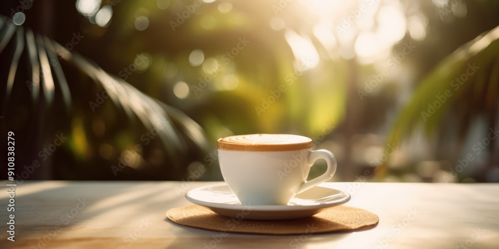 Cup of Coffee or Cappuccino on a Table in Tropical Garden. Relaxing Coffee Break Under Palm Leaves in Morning Sunshine Cup of Coffee or Cappuccino on a Table in Tropical Garden. Relaxing Coffee Break Under Palm Leaves in Morning Sunshine